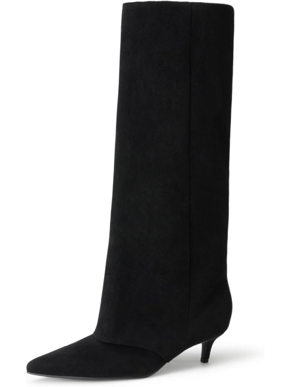 DREAM PAIRS Women Black-Suede Fold Over Knee High Boots Pointed Toe Kitten Heels
